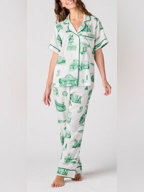 Women’s Green Print Cotton Pajama Set - Short Sleeve Button Top & Pants